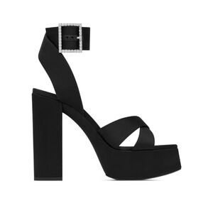 Saint Laurent Black Satin Platform Sandal with Crystal Buckle